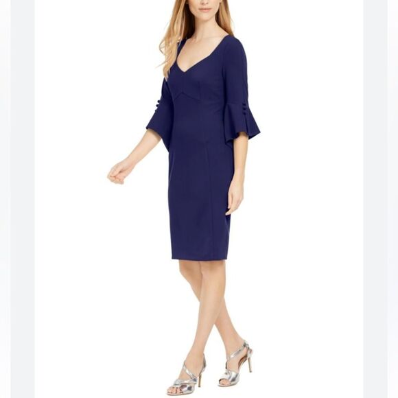 Take 50% OFF- Calvin Klein Bell Navy Blue Dress with Flutter Sleeves, Size-6 - Picture 1 of 11
